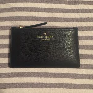kate spade Black Pebbled Leather Zip Card Wallet with Gold Logo